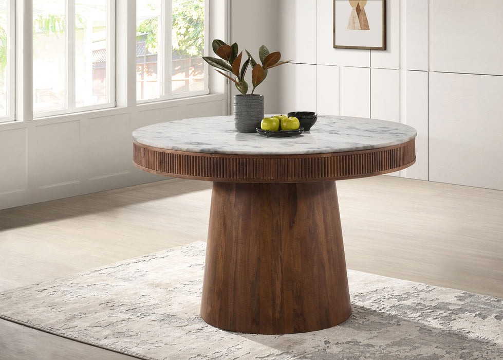 Ortega Round Marble Top Solid Base Dining Table White and Natural - Orbit Furniture (Richmond,BC)