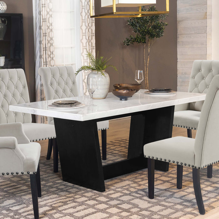 Sherry Trestle Base Marble Top Dining Table Espresso and White - Orbit Furniture (Richmond,BC)
