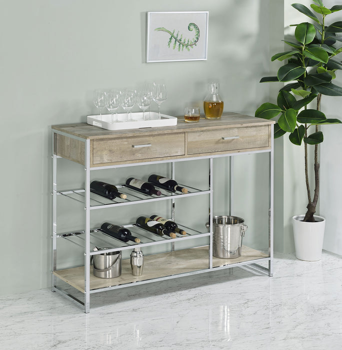 Melrose 2-shelf Wine Cabinet with 2 Drawers Gray Washed Oak and Chrome - Orbit Furniture (Richmond,BC)
