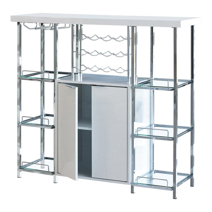 Gallimore 2-door Bar Cabinet with Glass Shelf High Glossy White and Chrome - Orbit Furniture (Richmond,BC)