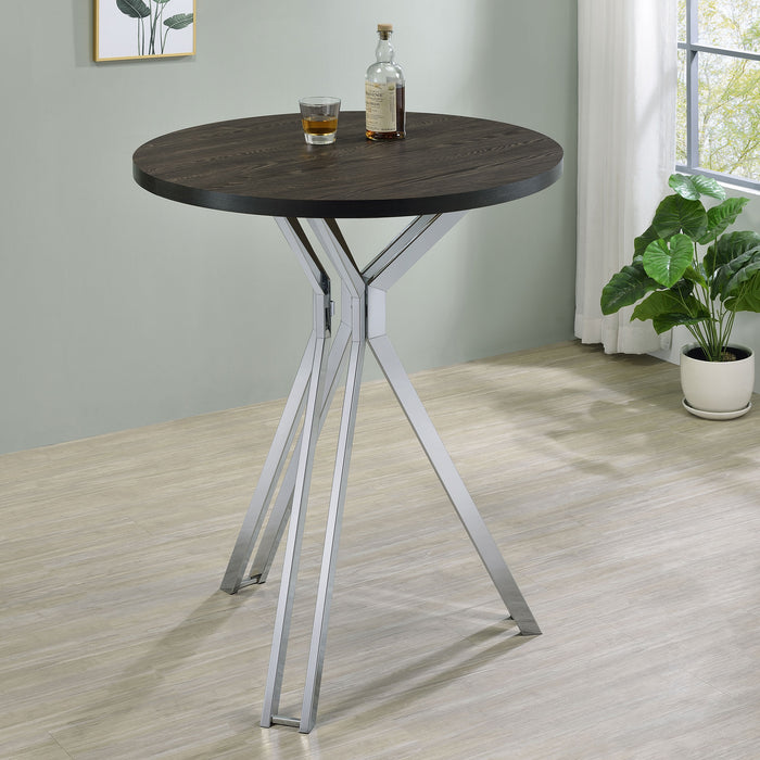 Edgerton Round Wood Top Bar Table Dark Oak and Chrome - Orbit Furniture (Richmond,BC)