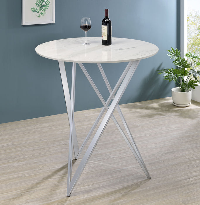 Bexter Faux Marble Round Top Bar Table White and Chrome - Orbit Furniture (Richmond,BC)