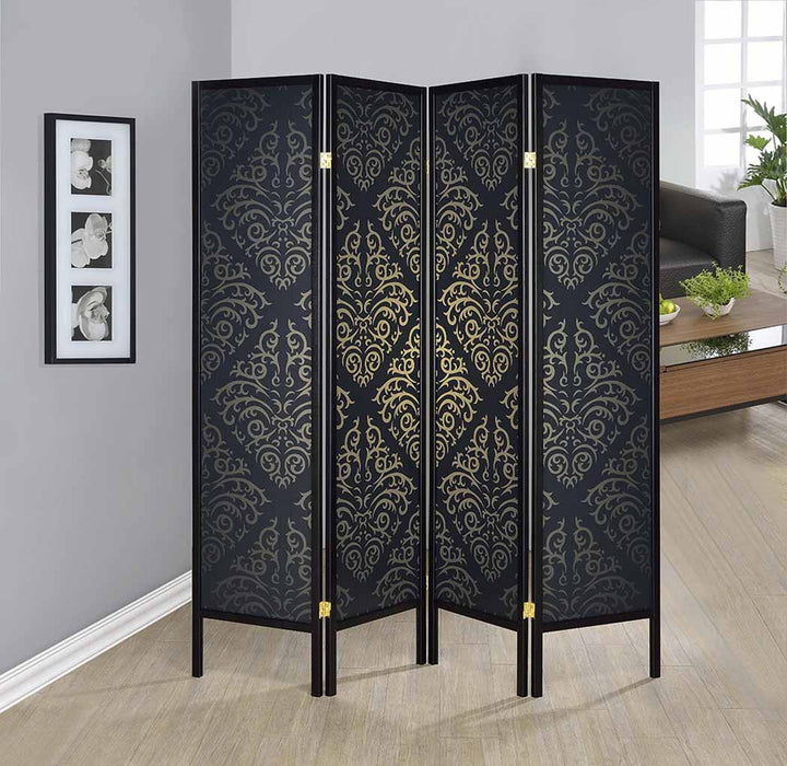 Haidera 4-panel Damask Pattern Folding Screen Black - Orbit Furniture (Richmond,BC)