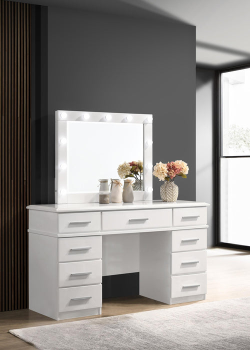 Felicity 9-drawer Vanity Desk with Lighted Mirror Glossy White - Orbit Furniture (Richmond,BC)
