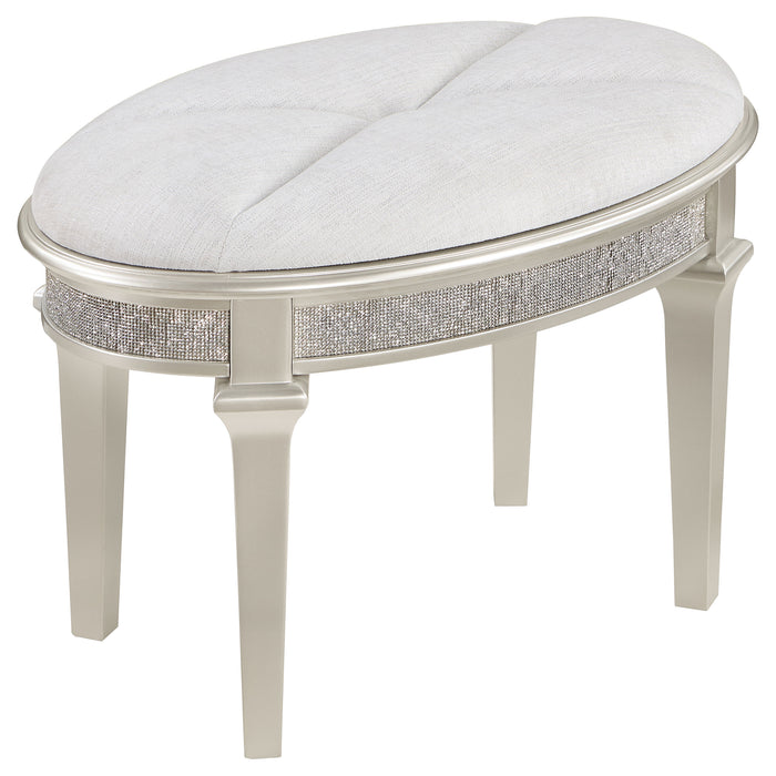 Evangeline Oval Vanity Stool with Faux Diamond Trim Silver and Ivory - Orbit Furniture (Richmond,BC)