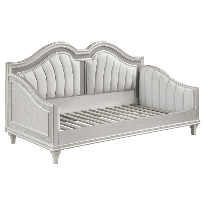 Evangeline Upholstered Twin Daybed with Faux Diamond Trim Silver and Ivory - Orbit Furniture (Richmond,BC)
