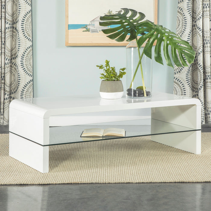 Airell Rectangular Coffee Table with Glass Shelf White High Gloss - Orbit Furniture (Richmond,BC)
