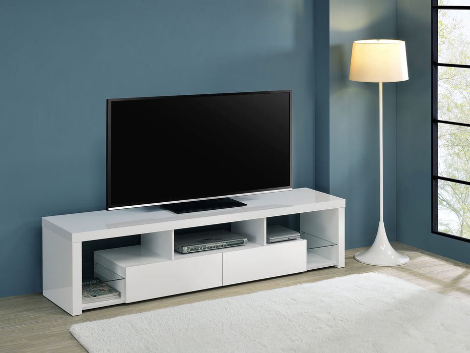 Jude 2-drawer 71" TV Stand With Shelving White High Gloss - Orbit Furniture (Richmond,BC)