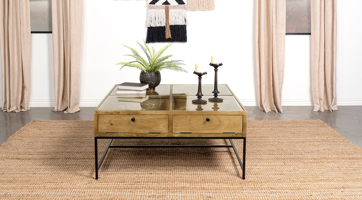 Stephie 4-drawer Square Clear Glass Top Coffee Table Honey Brown - Orbit Furniture (Richmond,BC)