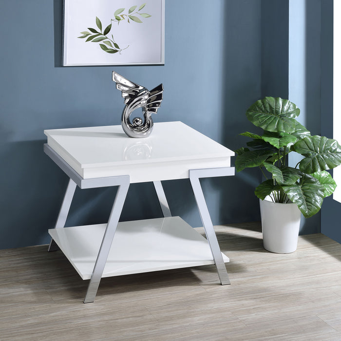 Marcia Wood Rectangular End Table White High Gloss and Chrome - Orbit Furniture (Richmond,BC)
