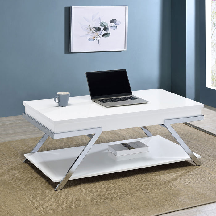 Marcia Wood Rectangular Lift Top Coffee Table White High Gloss and Chrome - Orbit Furniture (Richmond,BC)
