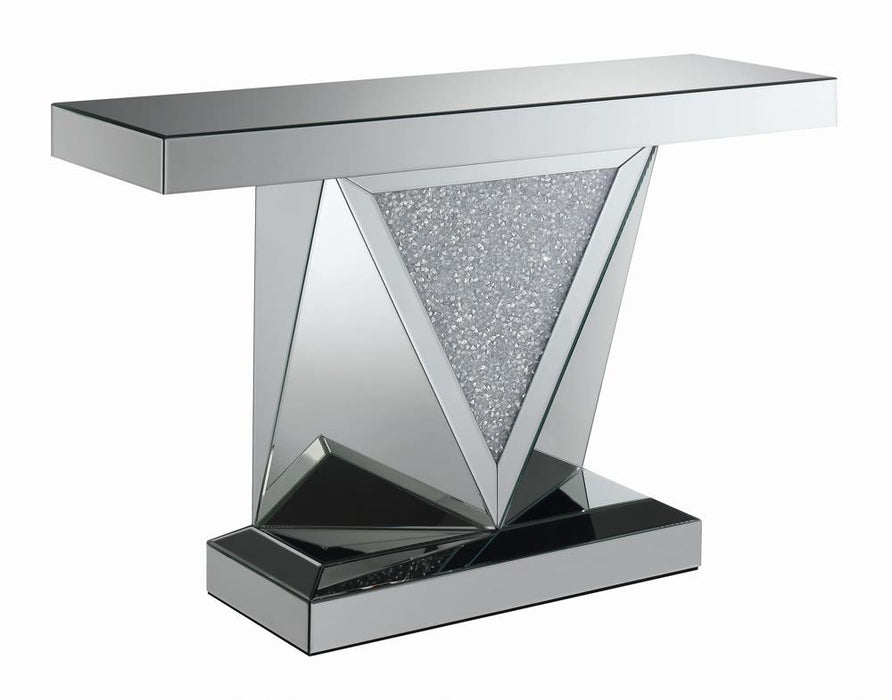 Amore Rectangular Sofa Table with Triangle Detailing Silver and Clear Mirror - Orbit Furniture (Richmond,BC)