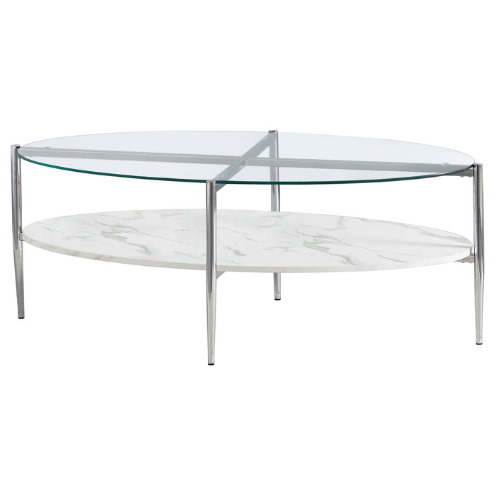 Cadee Round Glass Top Coffee Table White and Chrome - Orbit Furniture (Richmond,BC)