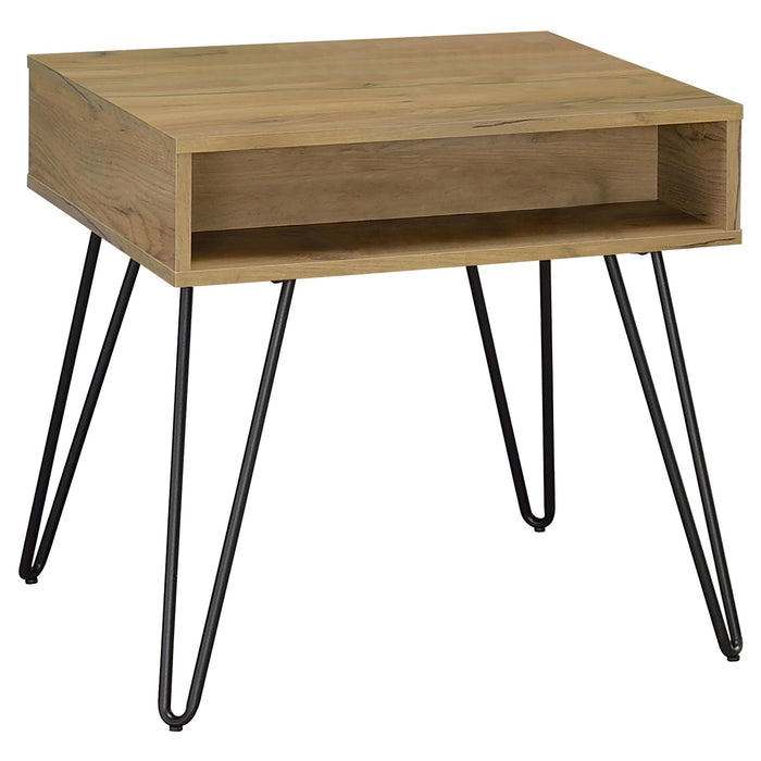 Fanning Square End Table with Open Compartment Golden Oak and Black - Orbit Furniture (Richmond,BC)