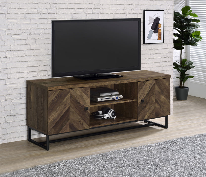 Myles 2-door TV Console with Adjustable Shelves Rustic Oak Herringbone - Orbit Furniture (Richmond,BC)