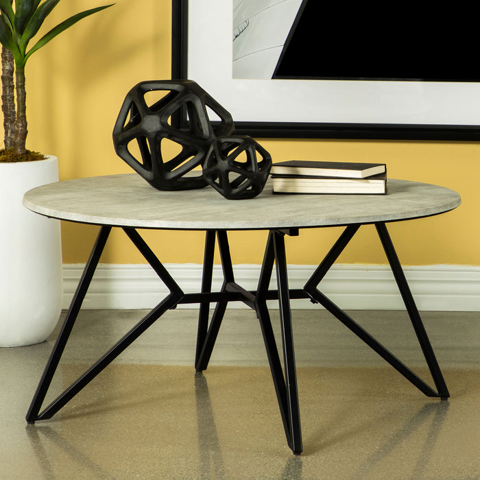 Hadi Round Coffee Table with Hairpin Legs Cement and Gunmetal - Orbit Furniture (Richmond,BC)