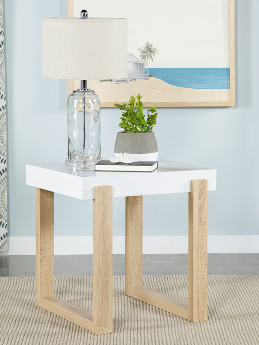 Pala Rectangular End Table with Sled Base White High Gloss and Natural - Orbit Furniture (Richmond,BC)