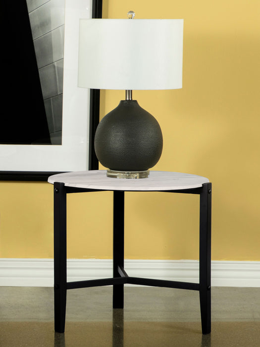 Tandi Round End Table Faux White Marble and Black - Orbit Furniture (Richmond,BC)