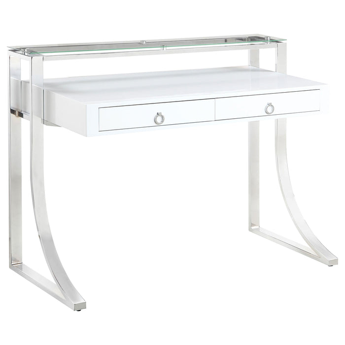 Gemma 2-drawer Writing Desk Glossy White and Chrome - Orbit Furniture (Richmond,BC)