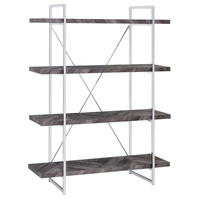 Grimma 4-shelf Bookcase Rustic Grey Herringbone - Orbit Furniture (Richmond,BC)