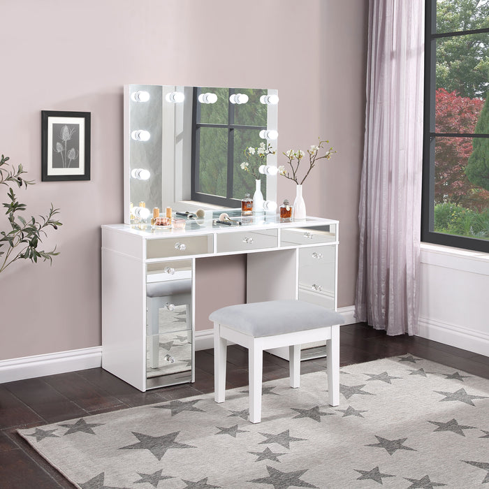 Regina 3-piece Makeup Vanity Table Set Hollywood Lighting White and Mirror - Orbit Furniture (Richmond,BC)