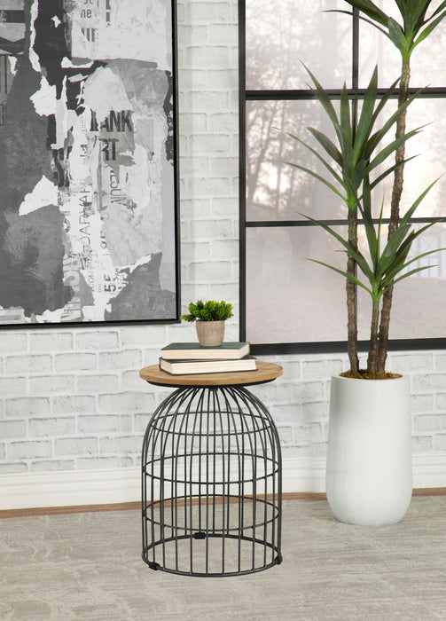 Bernardo Round Accent Table with Bird Cage Base Natural and Gunmetal - Orbit Furniture (Richmond,BC)