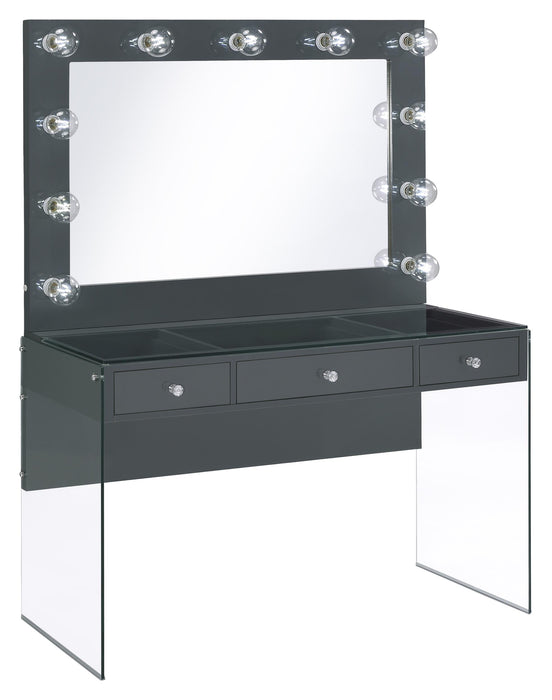 Afshan 3-drawer Vanity Desk with Lighting Mirror Grey High Gloss - Orbit Furniture (Richmond,BC)
