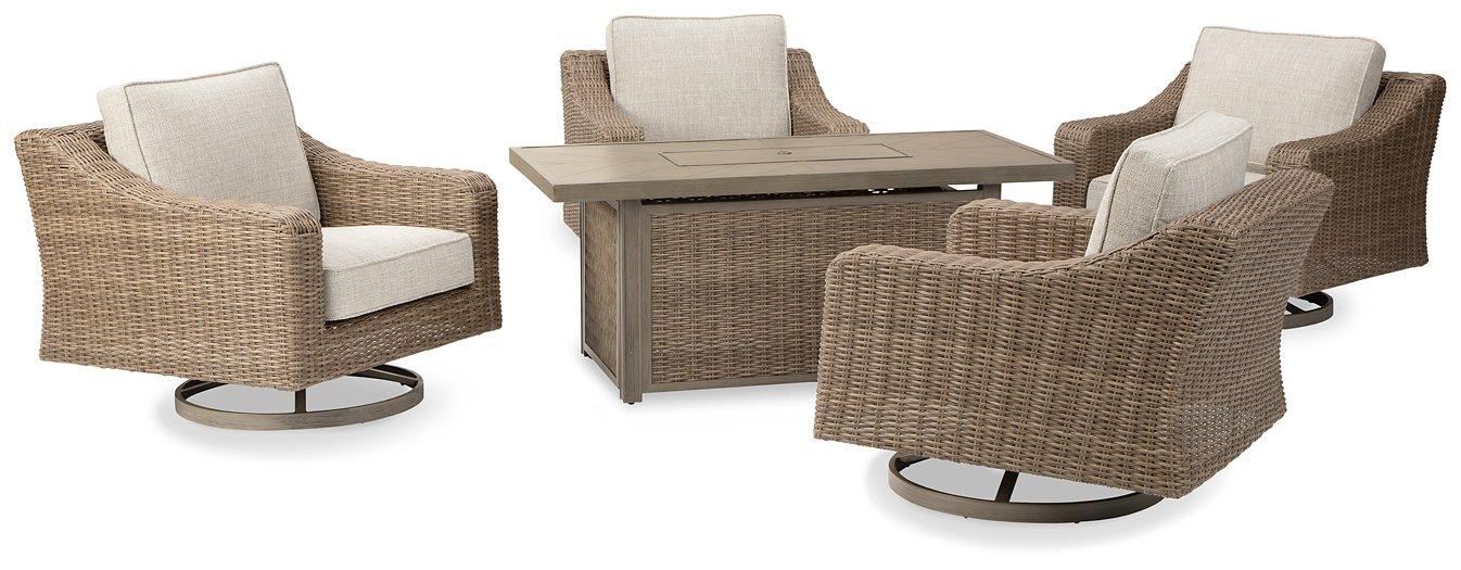 Beachcroft Beachcroft Fire Pit Table with Four Nuvella Swivel Lounge Chairs - Orbit Furniture (Richmond,BC)