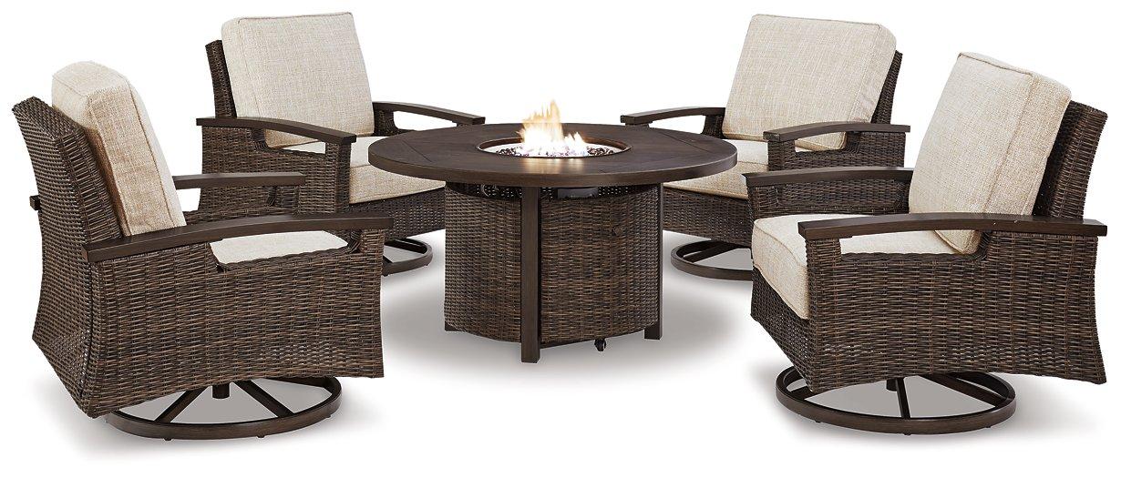 Paradise Trail Paradise Trail Fire Pit Table with 4 Nuvella Swivel Lounge Chairs - Orbit Furniture (Richmond,BC)