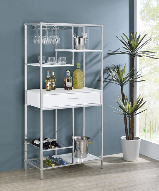 Figueroa 5-shelf Wine Cabinet with Storage Drawer White High Gloss and Chrome - Orbit Furniture (Richmond,BC)