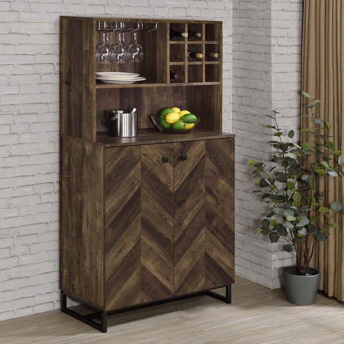 Mendoza 2-door Wine Cabinet Rustic Oak Herringbone and Gunmetal - Orbit Furniture (Richmond,BC)