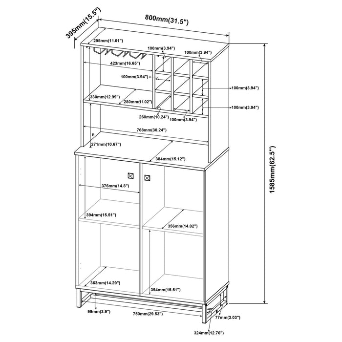 Mendoza 2-door Wine Cabinet Rustic Oak Herringbone and Gunmetal - Orbit Furniture (Richmond,BC)