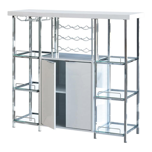 Gallimore 2-door Bar Cabinet with Glass Shelf High Glossy White and Chrome - Orbit Furniture (Richmond,BC)