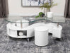 Buckley Curved Glass Top Coffee Table With Stools White High Gloss - Orbit Furniture (Richmond,BC)