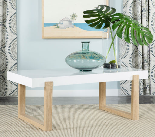 Pala Rectangular Coffee Table with Sled Base White High Gloss and Natural - Orbit Furniture (Richmond,BC)