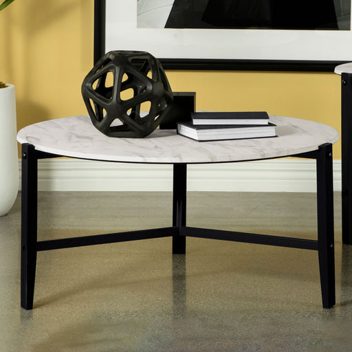 Tandi Round Coffee Table Faux White Marble and Black - Orbit Furniture (Richmond,BC)