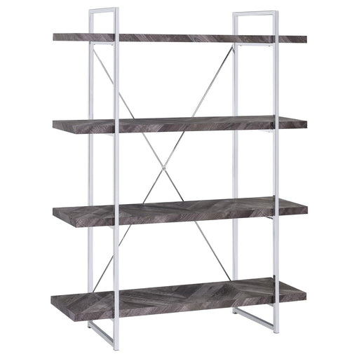 Grimma 4-shelf Bookcase Rustic Grey Herringbone - Orbit Furniture (Richmond,BC)