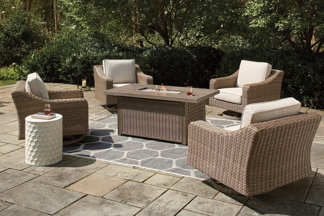 Beachcroft Beachcroft Fire Pit Table with Four Nuvella Swivel Lounge Chairs - Orbit Furniture (Richmond,BC)