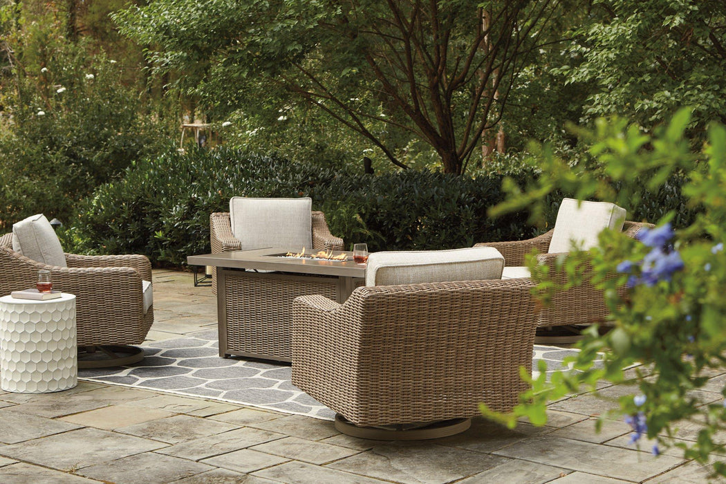 Beachcroft Beachcroft Fire Pit Table with Four Nuvella Swivel Lounge Chairs - Orbit Furniture (Richmond,BC)
