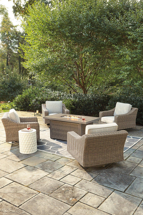 Beachcroft Beachcroft Fire Pit Table with Four Nuvella Swivel Lounge Chairs - Orbit Furniture (Richmond,BC)