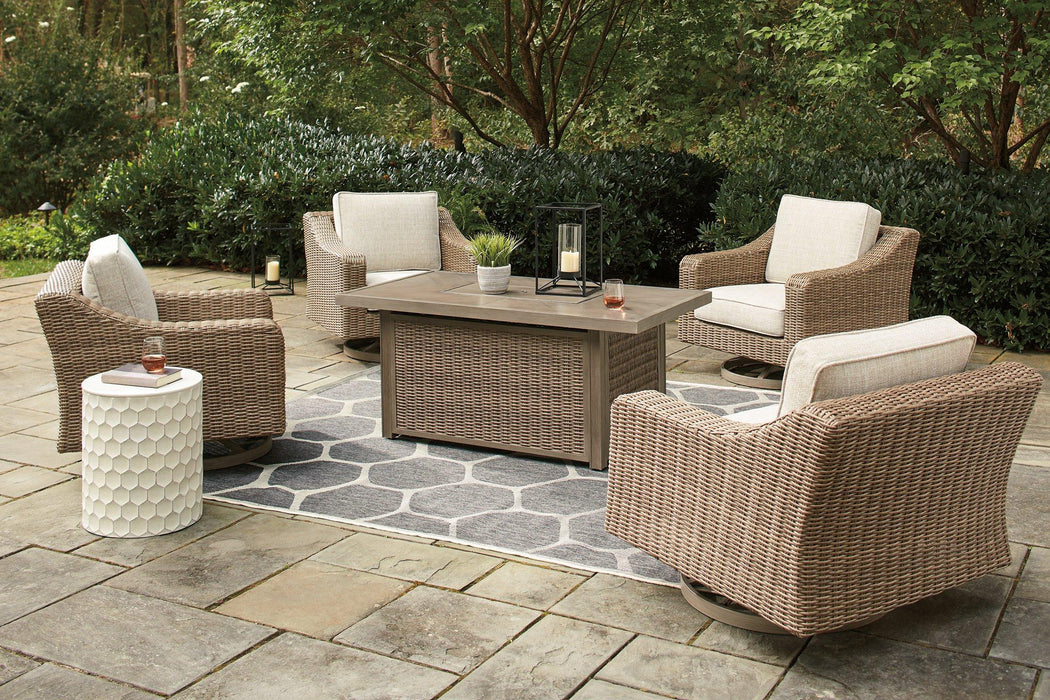 Beachcroft Beachcroft Fire Pit Table with Four Nuvella Swivel Lounge Chairs - Orbit Furniture (Richmond,BC)