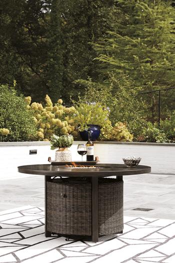 Paradise Trail Paradise Trail Fire Pit Table with 4 Nuvella Swivel Lounge Chairs - Orbit Furniture (Richmond,BC)