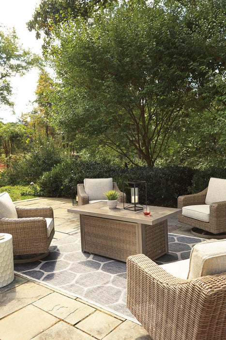 Beachcroft Beachcroft Fire Pit Table with Four Nuvella Swivel Lounge Chairs - Orbit Furniture (Richmond,BC)