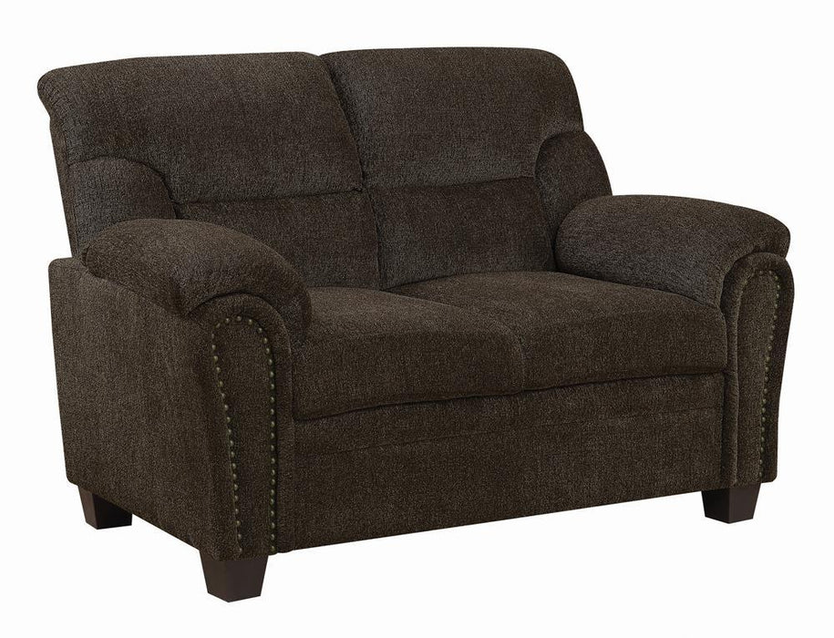 Clementine Upholstered Loveseat with Nailhead Trim Brown - Orbit Furniture (Richmond,BC)