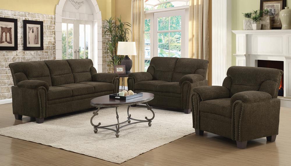 Clementine Upholstered Loveseat with Nailhead Trim Brown - Orbit Furniture (Richmond,BC)