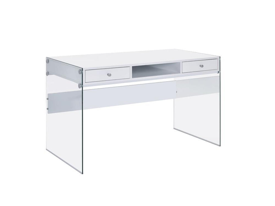 Dobrev 2-drawer Writing Desk Glossy White and Clear - Orbit Furniture (Richmond,BC)