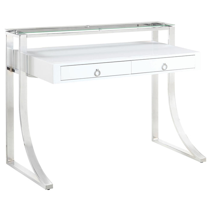 Gemma 2-drawer Writing Desk Glossy White and Chrome - Orbit Furniture (Richmond,BC)