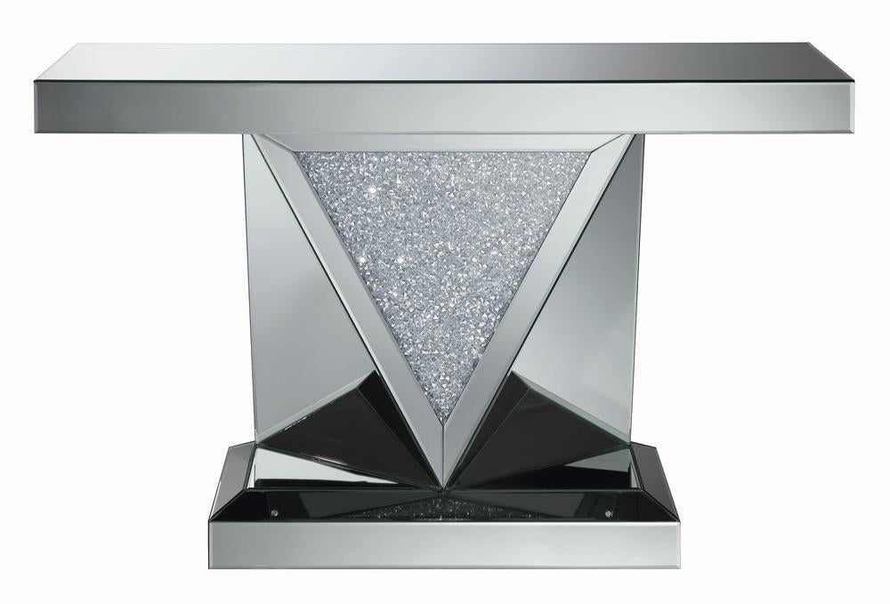 Amore Rectangular Sofa Table with Triangle Detailing Silver and Clear Mirror - Orbit Furniture (Richmond,BC)