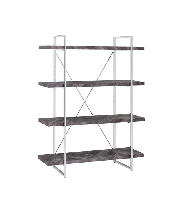 Grimma 4-shelf Bookcase Rustic Grey Herringbone - Orbit Furniture (Richmond,BC)