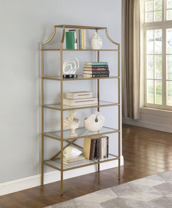 Serena 5-tier Tempered Glass Shelves Bookcase Matte Gold - Orbit Furniture (Richmond,BC)